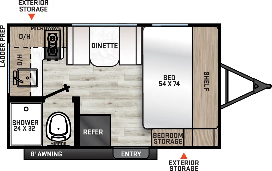 The Catalina Summit Series 7 134RKX floorplan has one entry and zero slide outs. Exterior features include: metal exterior and 8' awning. Interiors features include: front bedroom.